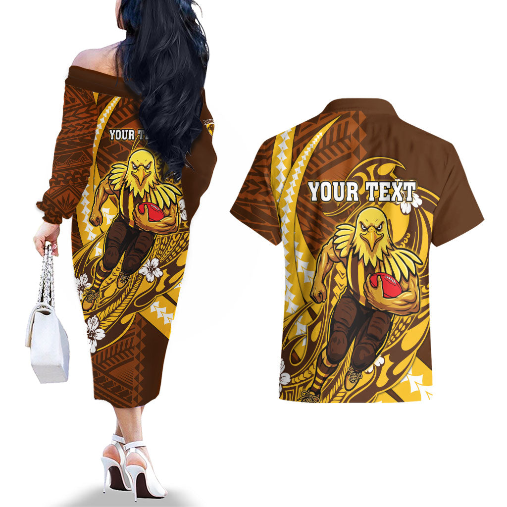 Personalized Hawthorn Hawks Couples Matching Off The Shoulder Long Sleeve Dress and Hawaiian Shirt Polynesian Tribal Hawk Mascot With Hibiscus Flower Art