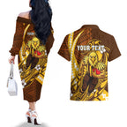 Personalized Hawthorn Hawks Couples Matching Off The Shoulder Long Sleeve Dress and Hawaiian Shirt Polynesian Tribal Hawk Mascot With Hibiscus Flower Art