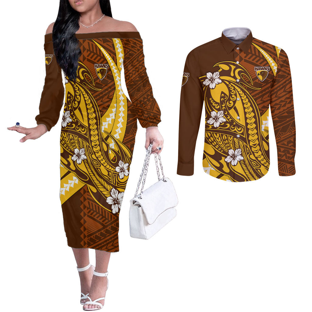 Personalized Hawthorn Hawks Couples Matching Off The Shoulder Long Sleeve Dress and Long Sleeve Button Shirt Polynesian Tribal Hawk Mascot With Hibiscus Flower Art