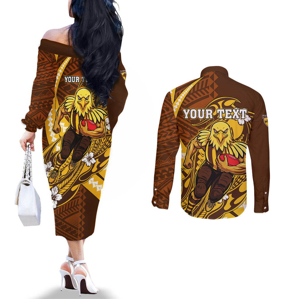 Personalized Hawthorn Hawks Couples Matching Off The Shoulder Long Sleeve Dress and Long Sleeve Button Shirt Polynesian Tribal Hawk Mascot With Hibiscus Flower Art