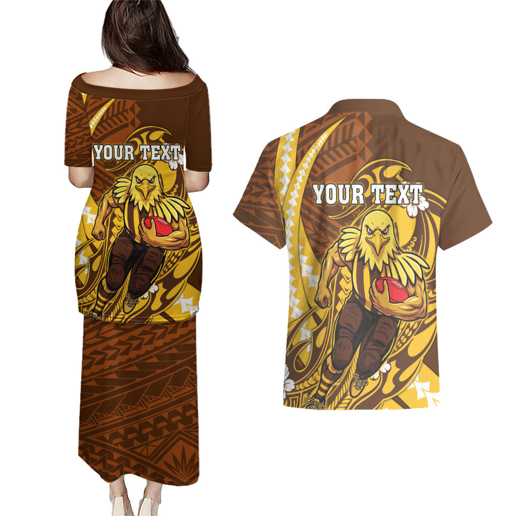 Personalized Hawthorn Hawks Couples Matching Puletasi and Hawaiian Shirt Polynesian Tribal Hawk Mascot With Hibiscus Flower Art