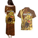Personalized Hawthorn Hawks Couples Matching Puletasi and Hawaiian Shirt Polynesian Tribal Hawk Mascot With Hibiscus Flower Art