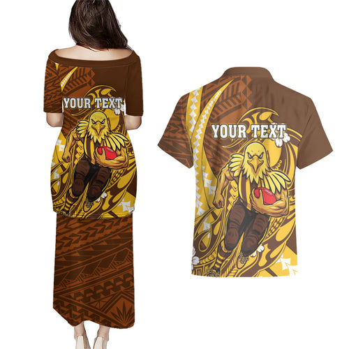 Personalized Hawthorn Hawks Couples Matching Puletasi and Hawaiian Shirt Polynesian Tribal Hawk Mascot With Hibiscus Flower Art