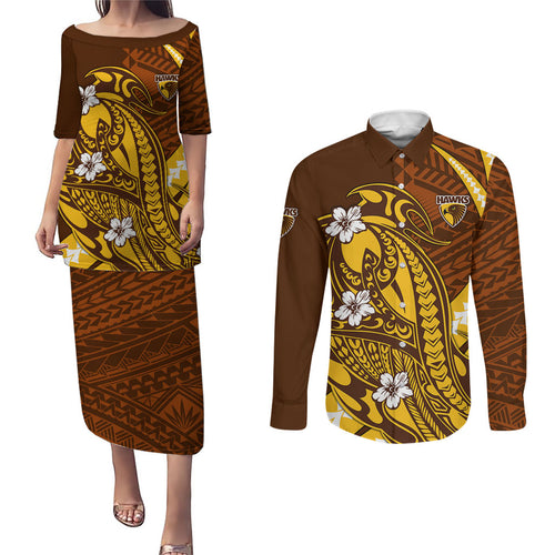 Personalized Hawthorn Hawks Couples Matching Puletasi and Long Sleeve Button Shirt Polynesian Tribal Hawk Mascot With Hibiscus Flower Art