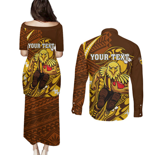 Personalized Hawthorn Hawks Couples Matching Puletasi and Long Sleeve Button Shirt Polynesian Tribal Hawk Mascot With Hibiscus Flower Art