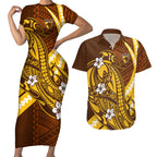 Personalized Hawthorn Hawks Couples Matching Short Sleeve Bodycon Dress and Hawaiian Shirt Polynesian Tribal Hawk Mascot With Hibiscus Flower Art