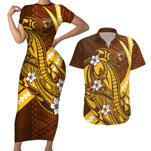 Personalized Hawthorn Hawks Couples Matching Short Sleeve Bodycon Dress and Hawaiian Shirt Polynesian Tribal Hawk Mascot With Hibiscus Flower Art