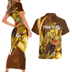 Personalized Hawthorn Hawks Couples Matching Short Sleeve Bodycon Dress and Hawaiian Shirt Polynesian Tribal Hawk Mascot With Hibiscus Flower Art