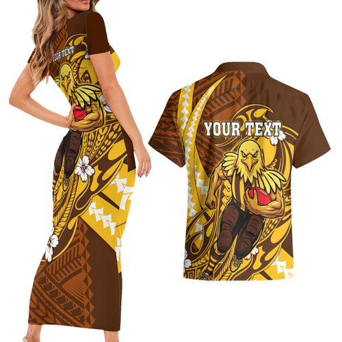 Personalized Hawthorn Hawks Couples Matching Short Sleeve Bodycon Dress and Hawaiian Shirt Polynesian Tribal Hawk Mascot With Hibiscus Flower Art