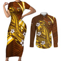 Personalized Hawthorn Hawks Couples Matching Short Sleeve Bodycon Dress and Long Sleeve Button Shirt Polynesian Tribal Hawk Mascot With Hibiscus Flower Art