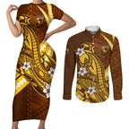 Personalized Hawthorn Hawks Couples Matching Short Sleeve Bodycon Dress and Long Sleeve Button Shirt Polynesian Tribal Hawk Mascot With Hibiscus Flower Art