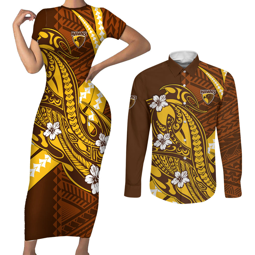 Personalized Hawthorn Hawks Couples Matching Short Sleeve Bodycon Dress and Long Sleeve Button Shirt Polynesian Tribal Hawk Mascot With Hibiscus Flower Art