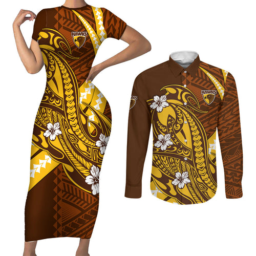 Personalized Hawthorn Hawks Couples Matching Short Sleeve Bodycon Dress and Long Sleeve Button Shirt Polynesian Tribal Hawk Mascot With Hibiscus Flower Art