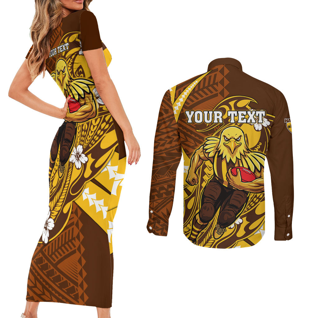 Personalized Hawthorn Hawks Couples Matching Short Sleeve Bodycon Dress and Long Sleeve Button Shirt Polynesian Tribal Hawk Mascot With Hibiscus Flower Art