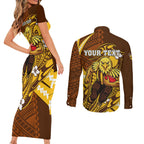 Personalized Hawthorn Hawks Couples Matching Short Sleeve Bodycon Dress and Long Sleeve Button Shirt Polynesian Tribal Hawk Mascot With Hibiscus Flower Art