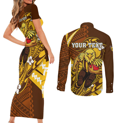 Personalized Hawthorn Hawks Couples Matching Short Sleeve Bodycon Dress and Long Sleeve Button Shirt Polynesian Tribal Hawk Mascot With Hibiscus Flower Art