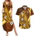 Personalized Hawthorn Hawks Couples Matching Summer Maxi Dress and Hawaiian Shirt Polynesian Tribal Hawk Mascot With Hibiscus Flower Art