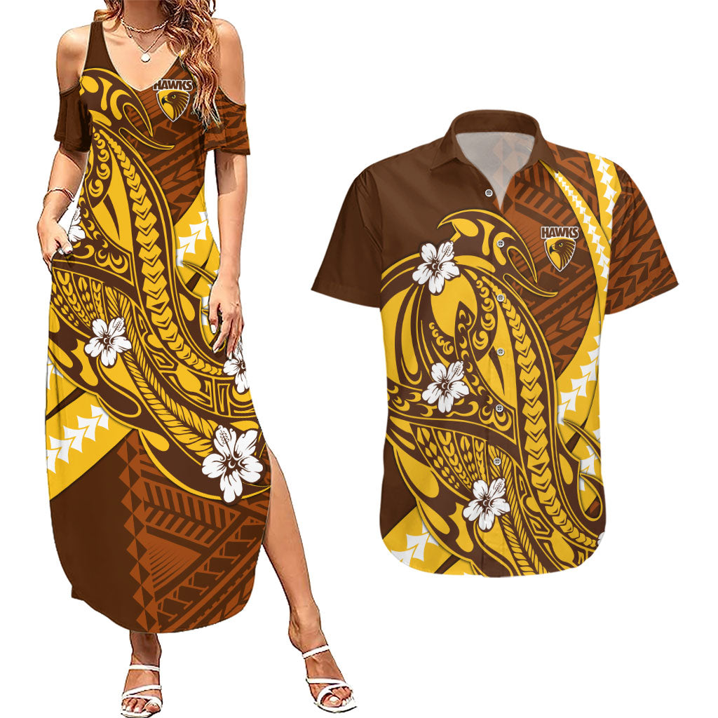 Personalized Hawthorn Hawks Couples Matching Summer Maxi Dress and Hawaiian Shirt Polynesian Tribal Hawk Mascot With Hibiscus Flower Art