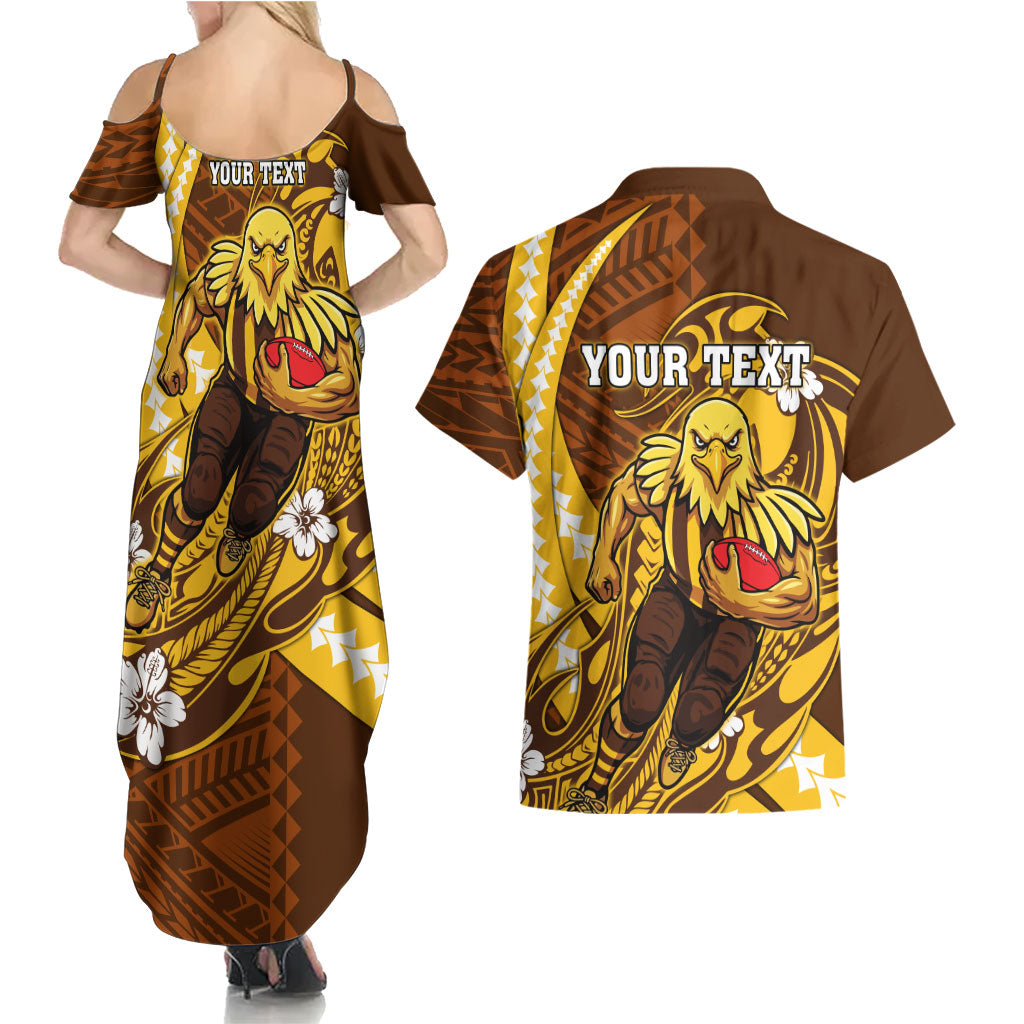 Personalized Hawthorn Hawks Couples Matching Summer Maxi Dress and Hawaiian Shirt Polynesian Tribal Hawk Mascot With Hibiscus Flower Art