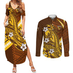 Personalized Hawthorn Hawks Couples Matching Summer Maxi Dress and Long Sleeve Button Shirt Polynesian Tribal Hawk Mascot With Hibiscus Flower Art