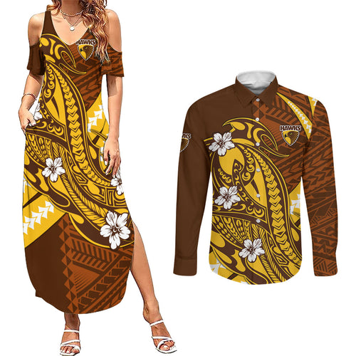 Personalized Hawthorn Hawks Couples Matching Summer Maxi Dress and Long Sleeve Button Shirt Polynesian Tribal Hawk Mascot With Hibiscus Flower Art