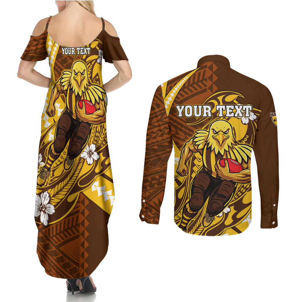Personalized Hawthorn Hawks Couples Matching Summer Maxi Dress and Long Sleeve Button Shirt Polynesian Tribal Hawk Mascot With Hibiscus Flower Art