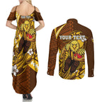 Personalized Hawthorn Hawks Couples Matching Summer Maxi Dress and Long Sleeve Button Shirt Polynesian Tribal Hawk Mascot With Hibiscus Flower Art