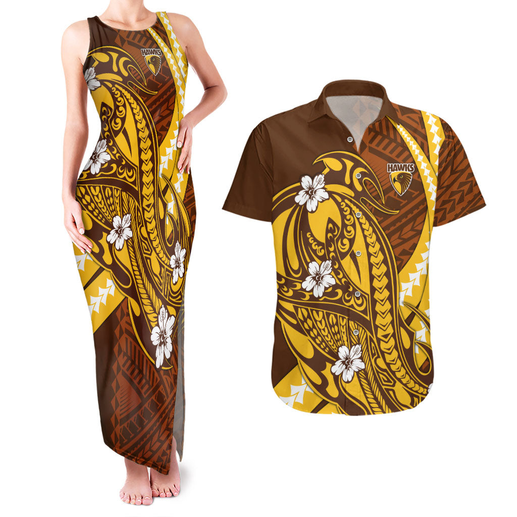 Personalized Hawthorn Hawks Couples Matching Tank Maxi Dress and Hawaiian Shirt Polynesian Tribal Hawk Mascot With Hibiscus Flower Art