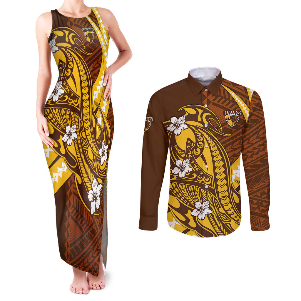 Personalized Hawthorn Hawks Couples Matching Tank Maxi Dress and Long Sleeve Button Shirt Polynesian Tribal Hawk Mascot With Hibiscus Flower Art