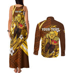 Personalized Hawthorn Hawks Couples Matching Tank Maxi Dress and Long Sleeve Button Shirt Polynesian Tribal Hawk Mascot With Hibiscus Flower Art