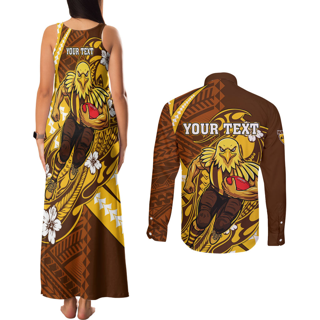 Personalized Hawthorn Hawks Couples Matching Tank Maxi Dress and Long Sleeve Button Shirt Polynesian Tribal Hawk Mascot With Hibiscus Flower Art