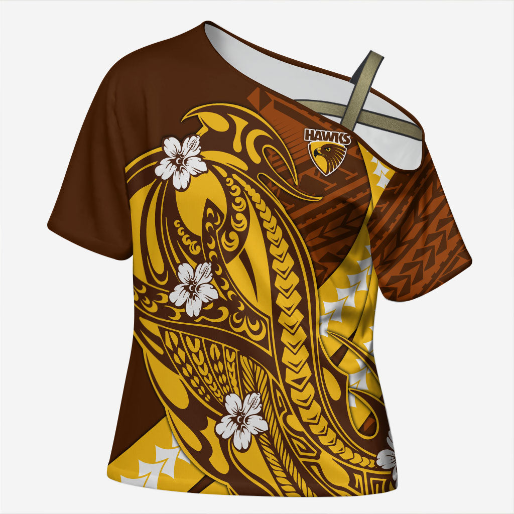 Personalized Hawthorn Hawks Cross Shoulder Shirt Polynesian Tribal Hawk Mascot With Hibiscus Flower Art