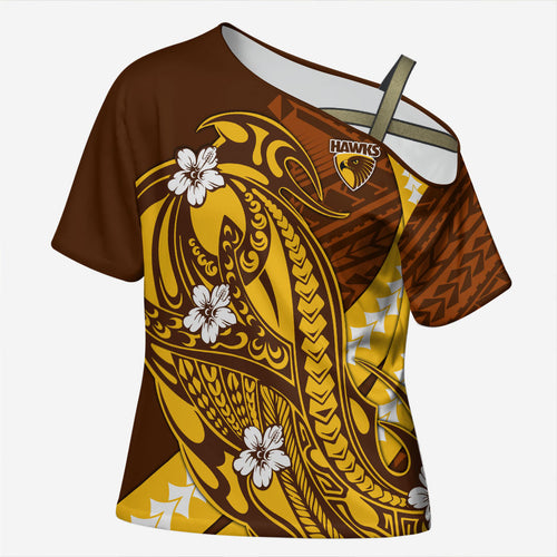 Personalized Hawthorn Hawks Cross Shoulder Shirt Polynesian Tribal Hawk Mascot With Hibiscus Flower Art
