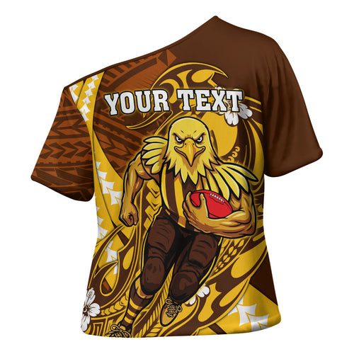 Personalized Hawthorn Hawks Cross Shoulder Shirt Polynesian Tribal Hawk Mascot With Hibiscus Flower Art