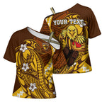 Personalized Hawthorn Hawks Cross Shoulder Shirt Polynesian Tribal Hawk Mascot With Hibiscus Flower Art