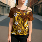 Personalized Hawthorn Hawks Cross Shoulder Shirt Polynesian Tribal Hawk Mascot With Hibiscus Flower Art