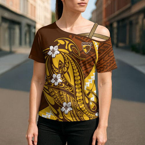 Personalized Hawthorn Hawks Cross Shoulder Shirt Polynesian Tribal Hawk Mascot With Hibiscus Flower Art