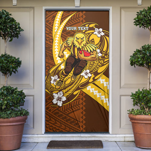 Personalized Hawthorn Hawks Door Cover Polynesian Tribal Hawk Mascot With Hibiscus Flower Art
