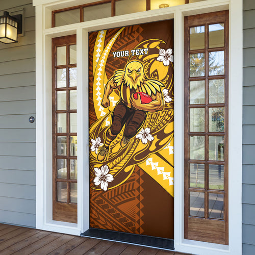 Personalized Hawthorn Hawks Door Cover Polynesian Tribal Hawk Mascot With Hibiscus Flower Art