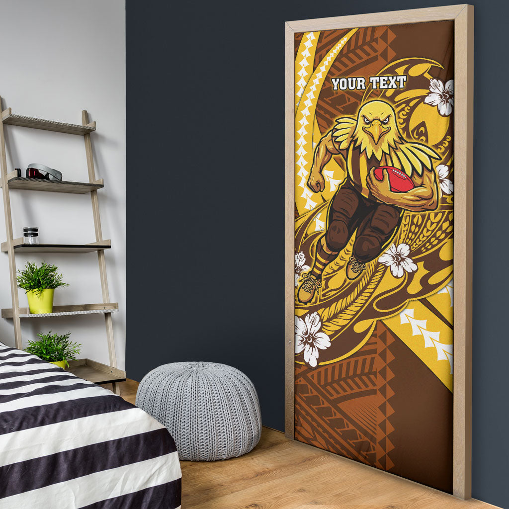 Personalized Hawthorn Hawks Door Cover Polynesian Tribal Hawk Mascot With Hibiscus Flower Art