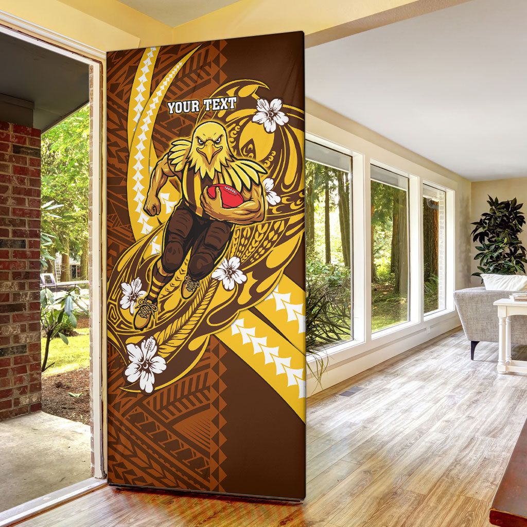 Personalized Hawthorn Hawks Door Cover Polynesian Tribal Hawk Mascot With Hibiscus Flower Art
