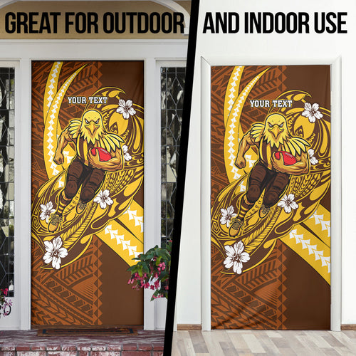 Personalized Hawthorn Hawks Door Cover Polynesian Tribal Hawk Mascot With Hibiscus Flower Art