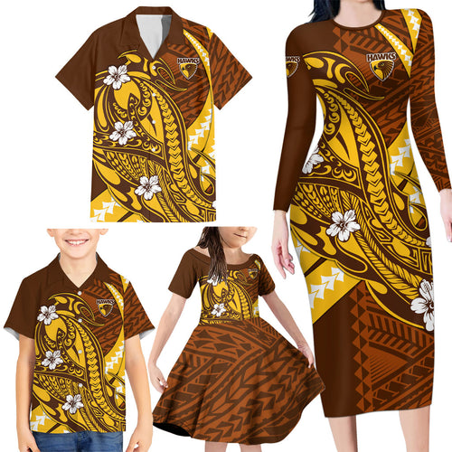 Personalized Hawthorn Hawks Family Matching Long Sleeve Bodycon Dress and Hawaiian Shirt Polynesian Tribal Hawk Mascot With Hibiscus Flower Art