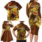 Personalized Hawthorn Hawks Family Matching Long Sleeve Bodycon Dress and Hawaiian Shirt Polynesian Tribal Hawk Mascot With Hibiscus Flower Art