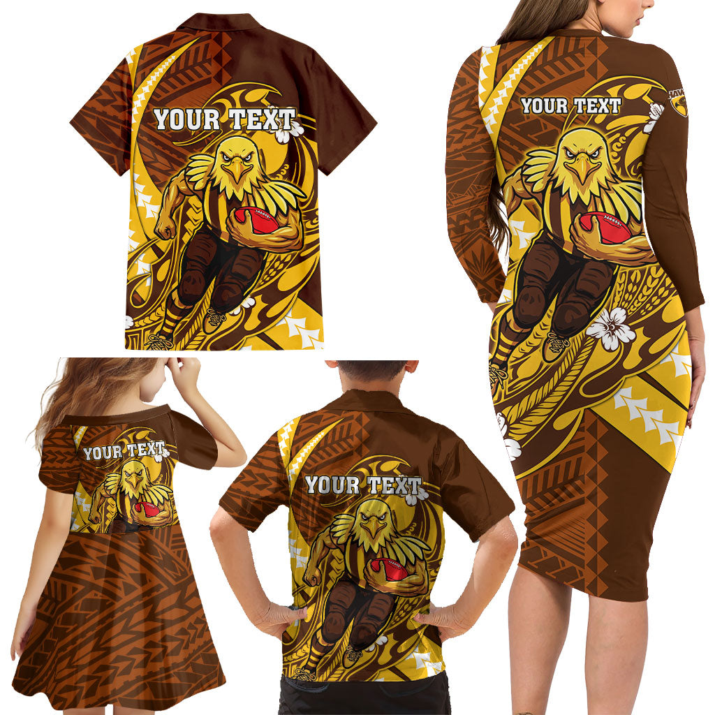 Personalized Hawthorn Hawks Family Matching Long Sleeve Bodycon Dress and Hawaiian Shirt Polynesian Tribal Hawk Mascot With Hibiscus Flower Art