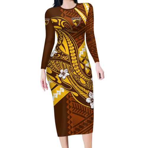 Personalized Hawthorn Hawks Family Matching Long Sleeve Bodycon Dress and Hawaiian Shirt Polynesian Tribal Hawk Mascot With Hibiscus Flower Art