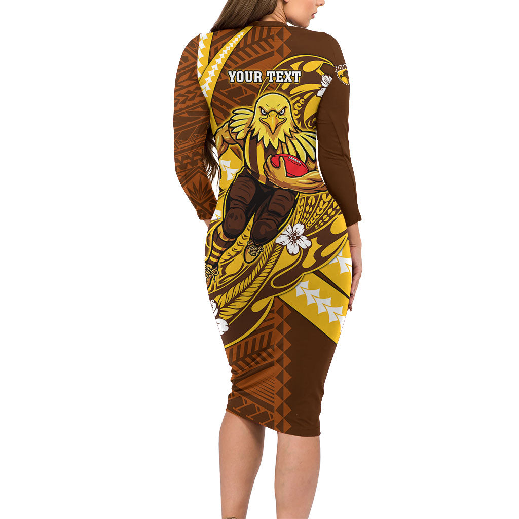 Personalized Hawthorn Hawks Family Matching Long Sleeve Bodycon Dress and Hawaiian Shirt Polynesian Tribal Hawk Mascot With Hibiscus Flower Art