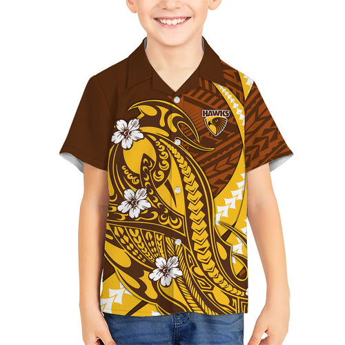 Personalized Hawthorn Hawks Family Matching Long Sleeve Bodycon Dress and Hawaiian Shirt Polynesian Tribal Hawk Mascot With Hibiscus Flower Art