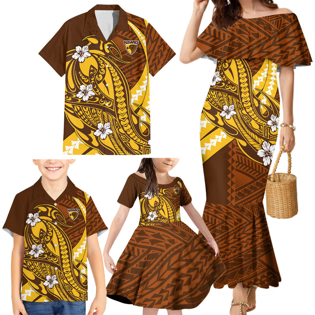 Personalized Hawthorn Hawks Family Matching Mermaid Dress and Hawaiian Shirt Polynesian Tribal Hawk Mascot With Hibiscus Flower Art
