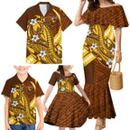 Personalized Hawthorn Hawks Family Matching Mermaid Dress and Hawaiian Shirt Polynesian Tribal Hawk Mascot With Hibiscus Flower Art